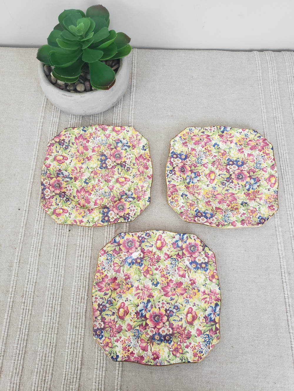 Vintage Royal Winton Grimwades Sunshine Chintz Square Plates - 3 Pieces